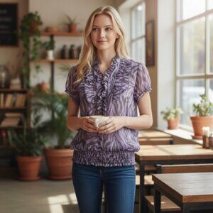 SAM & MAX Semi Sheer Purple Ruffled Front Short Sleeved Top Ladies LARGE